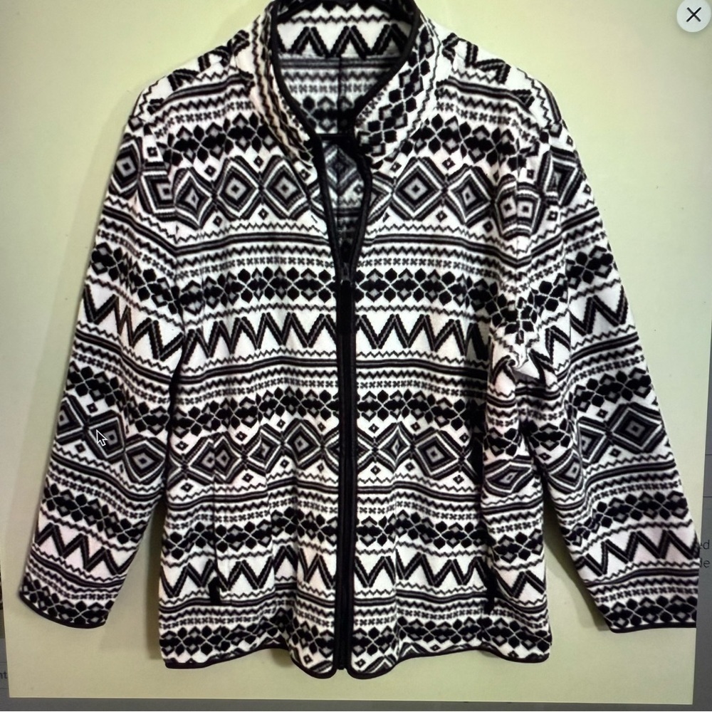 Talbots Women's Black White fair isle geometric fleece zip jacket - Picture 4 of 10
